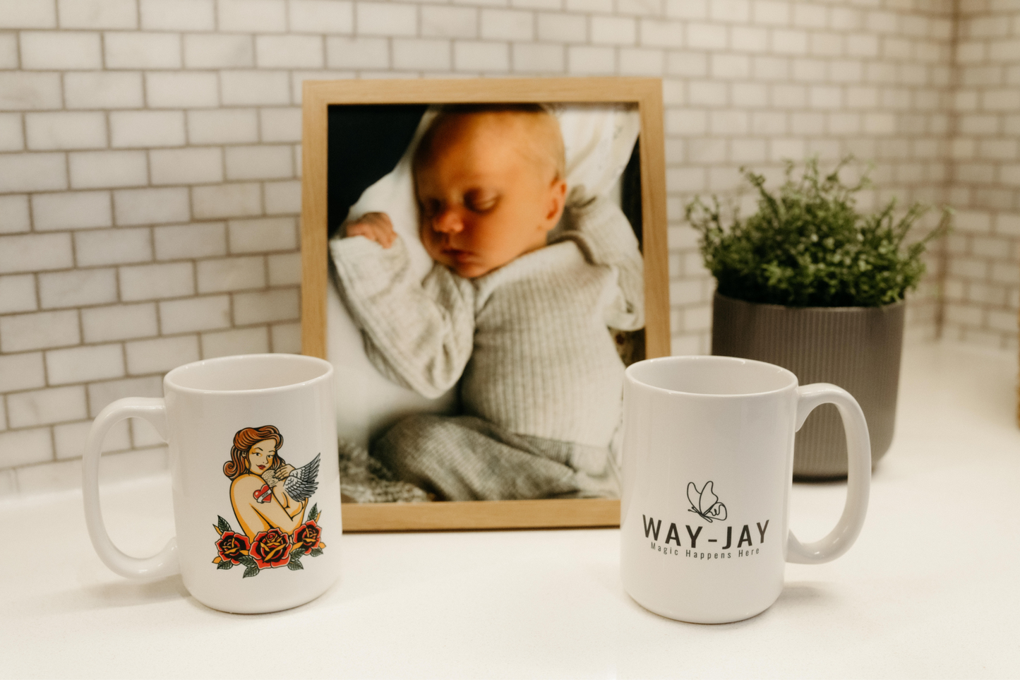 Way-Jay mom with angel baby mug, traditional tattoo style