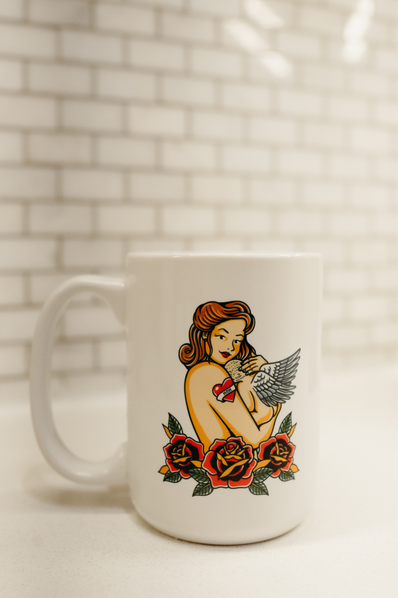 Way-Jay mom with angel baby mug, traditional tattoo style