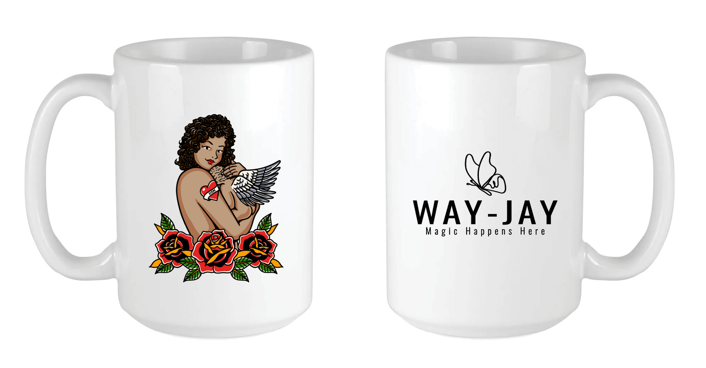 Way-Jay mom with angel baby mug, traditional tattoo style