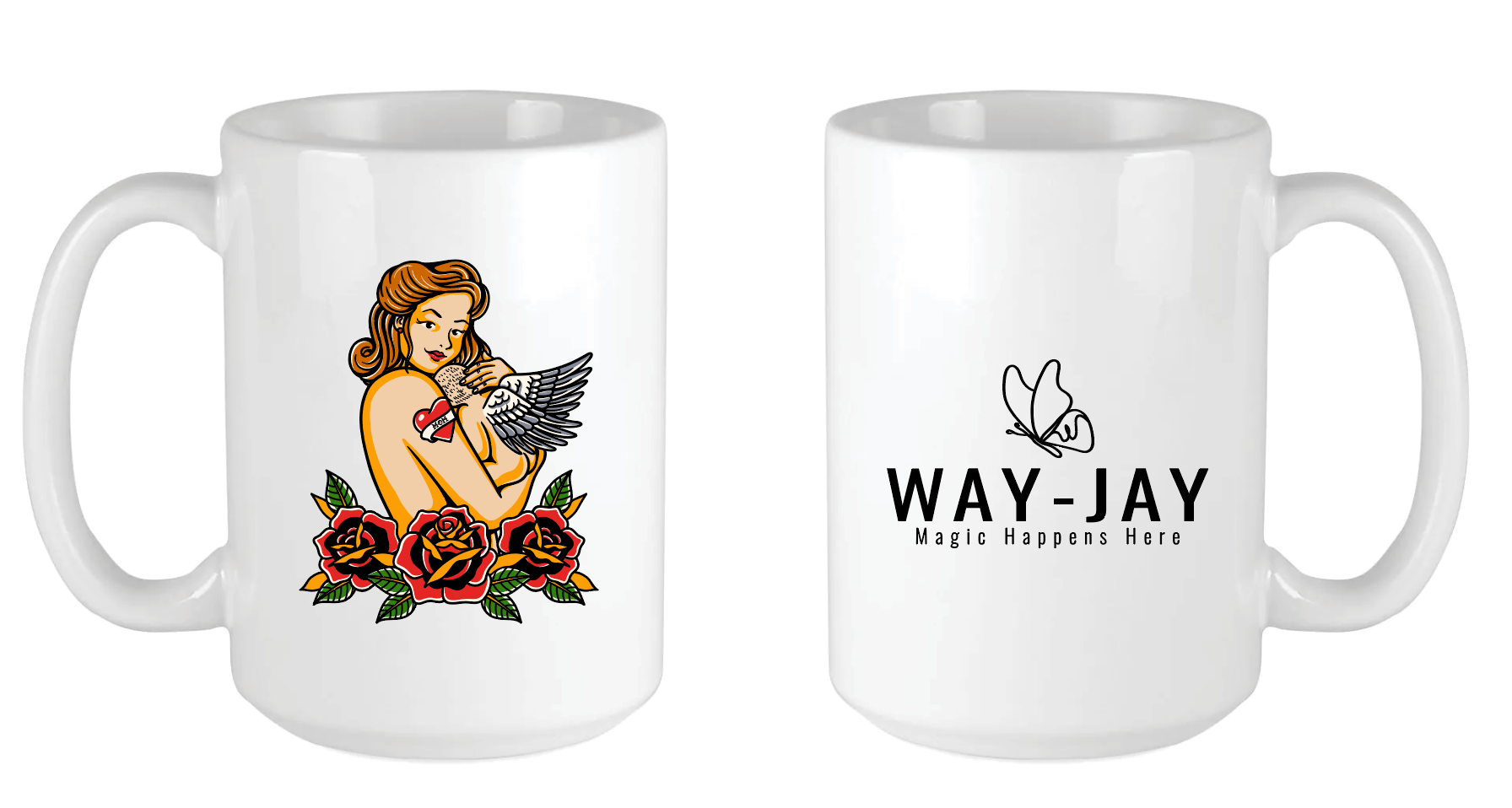 Way-Jay mom with angel baby mug, traditional tattoo style